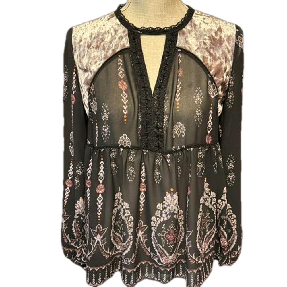 Knox Rose Sheer Long Sleeve Blouse with Velvet Yoke Keyhole Laced Neckline